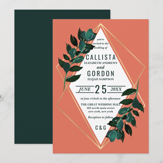 Modern Gold Terracotta Greenery Terrarium Wedding Invitation (Front/Back)