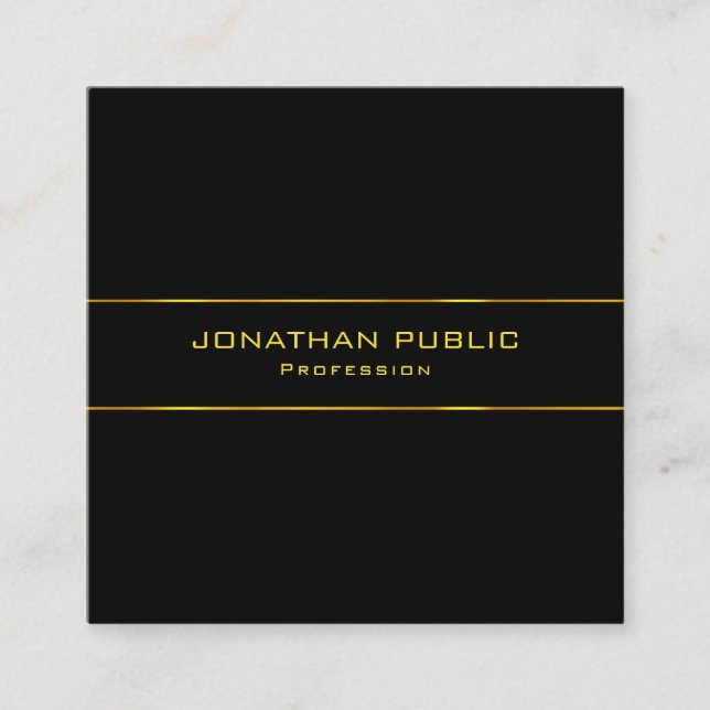 Modern Gold Text Black Stylish Minimalist Template Square Business Card (Front)