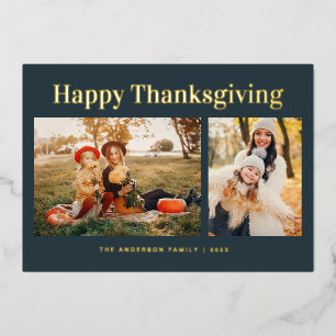 Modern Gold Text Fall Happy Thanksgiving Photo Foil Holiday Card