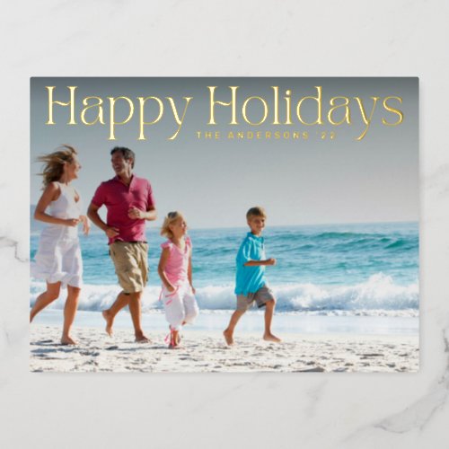 MODERN GOLD TEXT HAPPY HOLIDAYS Photo Foil Holiday Postcard