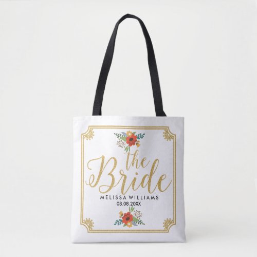 Modern Gold Text_The Bride  Frame  Floral Accent Tote Bag