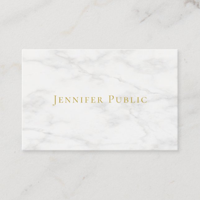 Modern Gold Text White Marble Minimalist Template Business Card (Front)