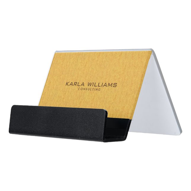 Modern Gold Texture Background Linen Look Desk Business Card Holder (Angled Front)