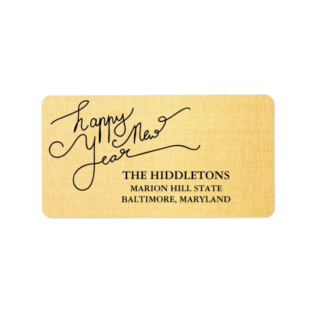 Modern Gold Texture Pattern Happy New Year Script Label (Front)