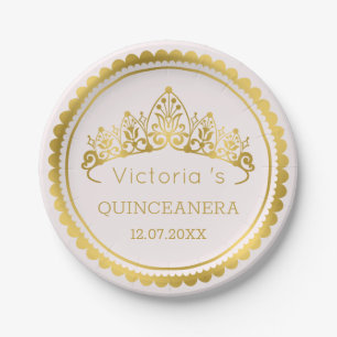 Modern, gold Tiara Quinceanera Paper Plates