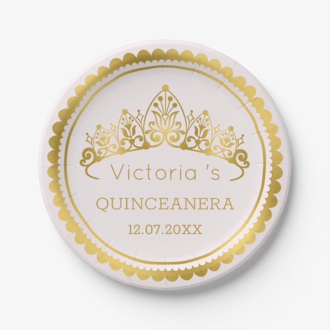 Modern, gold Tiara Quinceanera Paper Plates (Front)