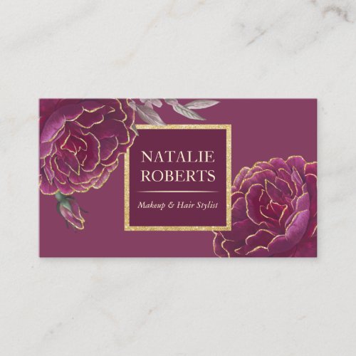 Modern Gold Tipped Burgundy Floral Beauty Salon Business Card