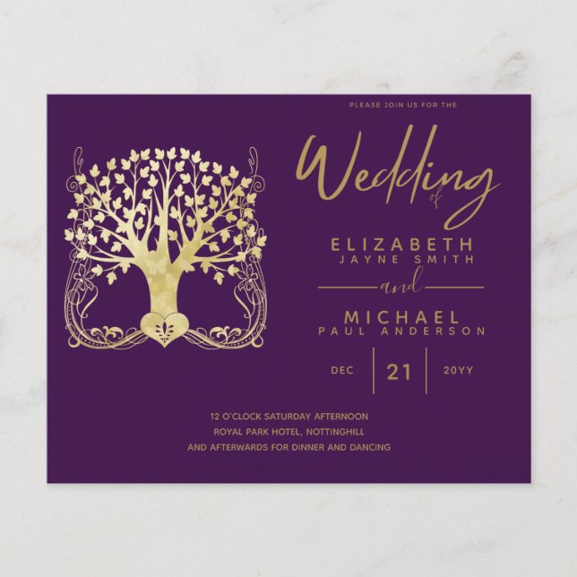 Modern Gold Tree of Life Budget Wedding Invites (Front)