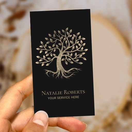 Customizable Modern Gold Tree Root Wellness Meditation Yoga Spa Business Card