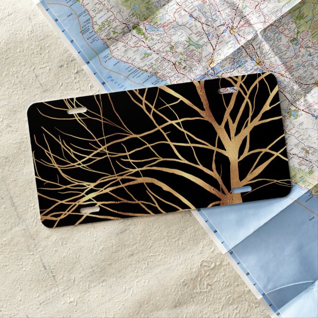 Modern Gold Tree Silhouette Minimal Black Design C License Plate (In Situ)