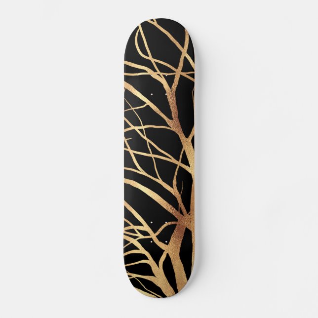 Modern Gold Tree Silhouette Minimal Black Design C Skateboard (Front)