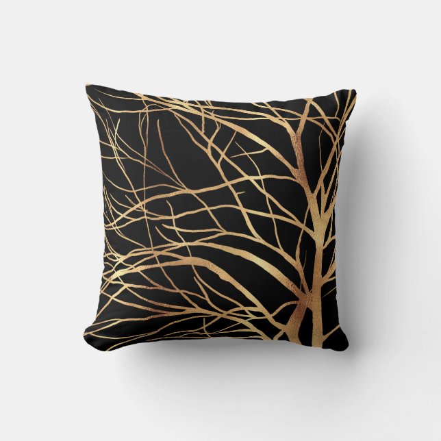 Modern Gold Tree Silhouette Minimal Black Design C Throw Pillow (Front)