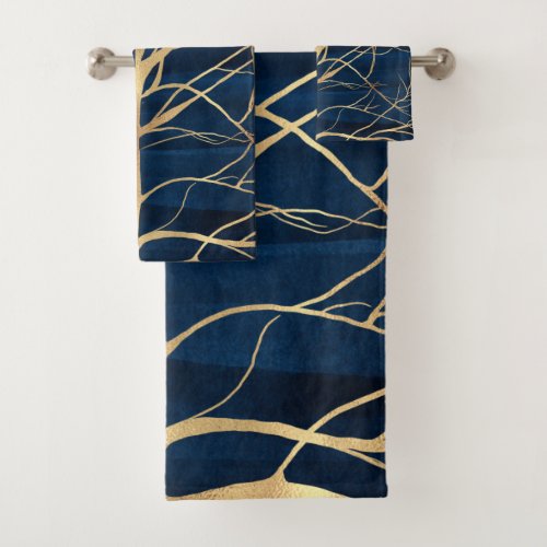 Modern Gold Tree Silhouette Minimal Blue Design Bath Towel Set