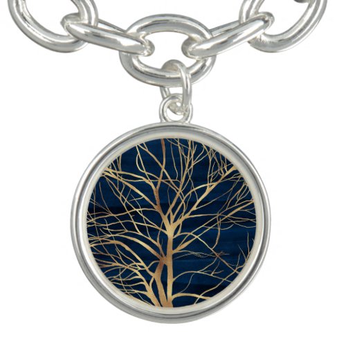 Modern Gold Tree Silhouette Minimal Blue Design Bracelet