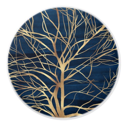 Modern Gold Tree Silhouette Minimal Blue Design Ceramic Knob