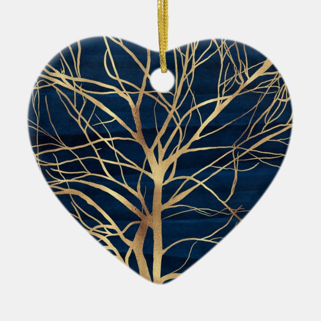 Modern Gold Tree Silhouette Minimal Blue Design Ceramic Ornament (Front)