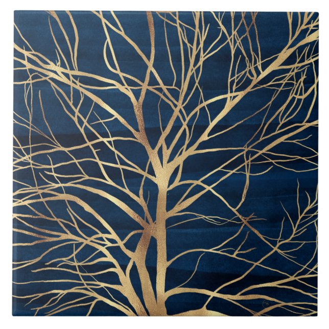 Modern Gold Tree Silhouette Minimal Blue Design Ceramic Tile (Front)