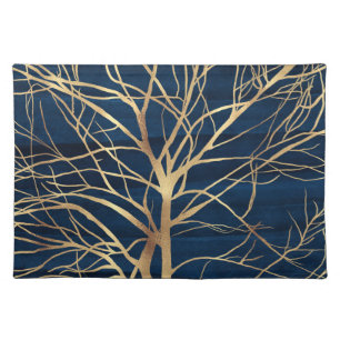 Modern Gold Tree Silhouette Minimal Blue Design Cloth Placemat