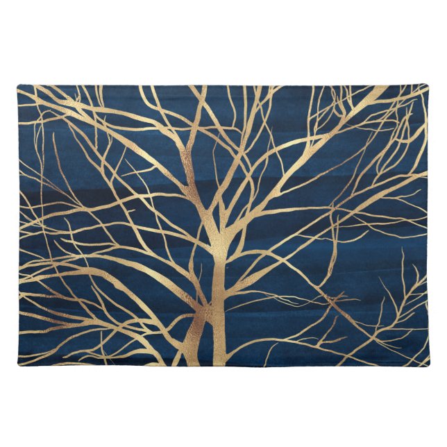 Modern Gold Tree Silhouette Minimal Blue Design Cloth Placemat (Front)