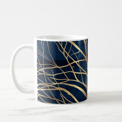 Modern Gold Tree Silhouette Minimal Blue Design Coffee Mug