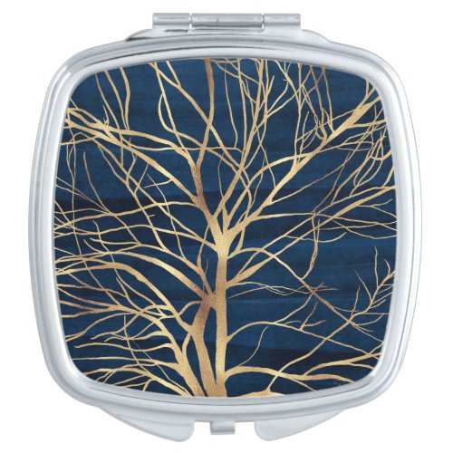 Modern Gold Tree Silhouette Minimal Blue Design Compact Mirror