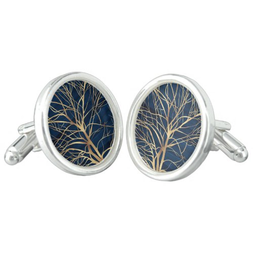 Modern Gold Tree Silhouette Minimal Blue Design Cufflinks