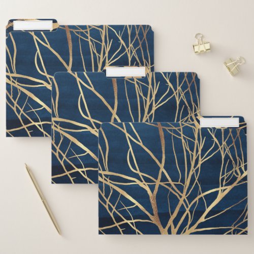 Modern Gold Tree Silhouette Minimal Blue Design File Folder