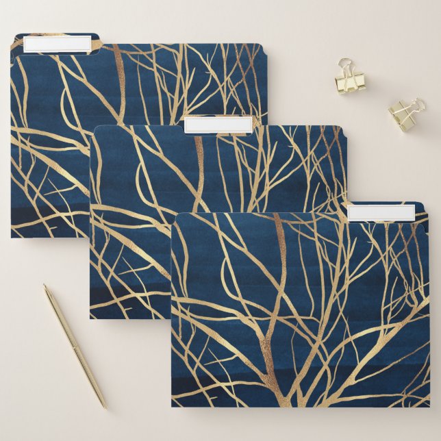 Modern Gold Tree Silhouette Minimal Blue Design File Folder (Set)