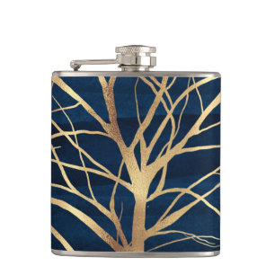 Modern Gold Tree Silhouette Minimal Blue Design Flask