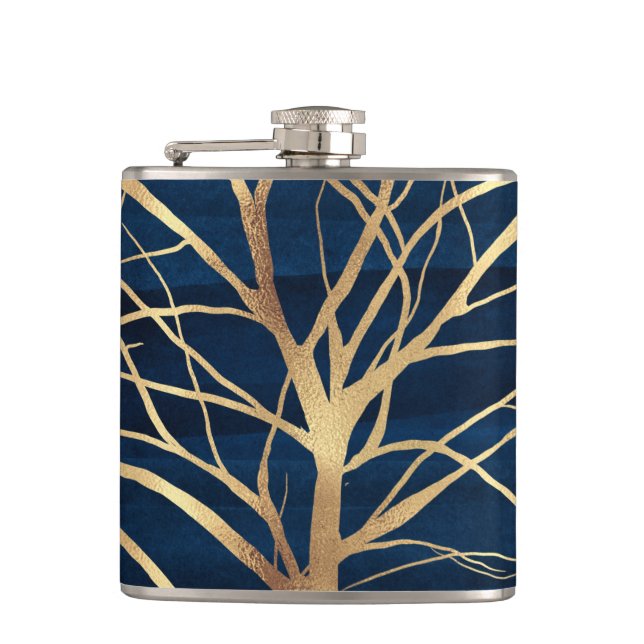 Modern Gold Tree Silhouette Minimal Blue Design Flask (Front)