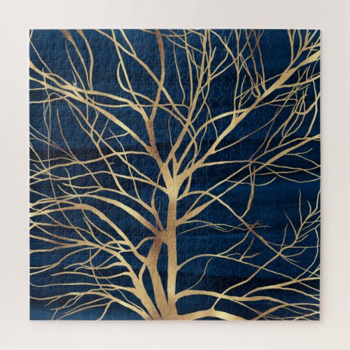 Modern Gold Tree Silhouette Minimal Blue Design Jigsaw Puzzle