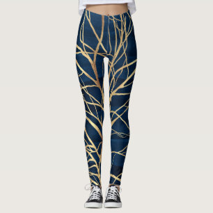 Modern Gold Tree Silhouette Minimal Blue Design Leggings
