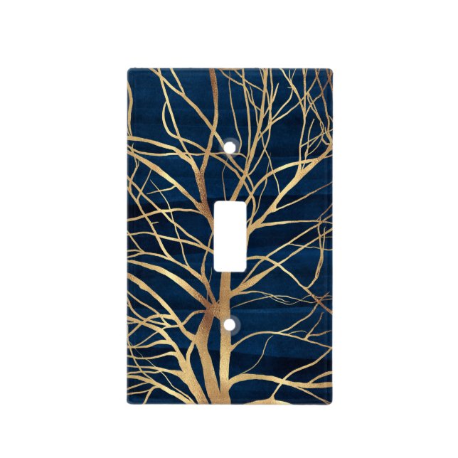 Modern Gold Tree Silhouette Minimal Blue Design Light Switch Cover (Front)