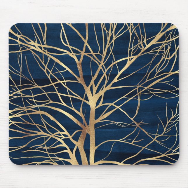 Modern Gold Tree Silhouette Minimal Blue Design Mouse Pad (Front)