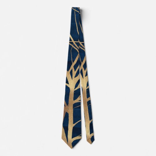 Modern Gold Tree Silhouette Minimal Blue Design Neck Tie