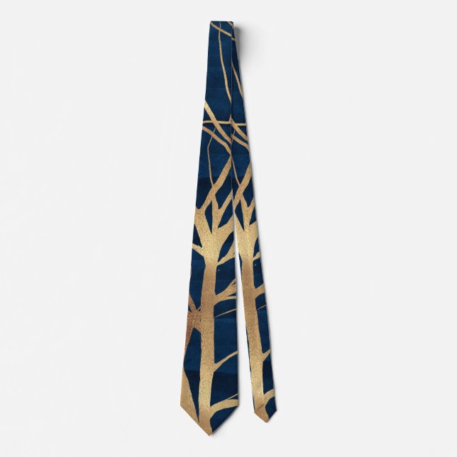 Modern Gold Tree Silhouette Minimal Blue Design Neck Tie (Front)