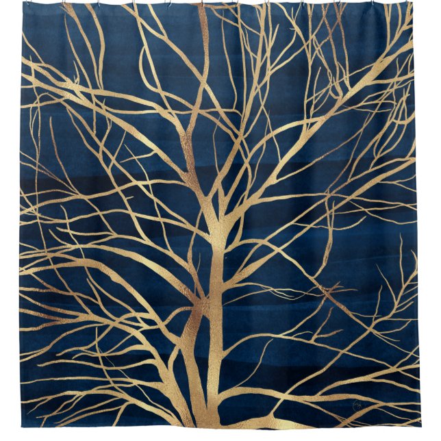 Modern Gold Tree Silhouette Minimal Blue Design Shower Curtain (Front)