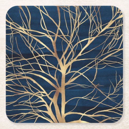 Modern Gold Tree Silhouette Minimal Blue Design Square Paper Coaster