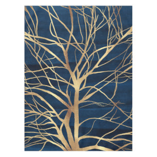 Modern Gold Tree Silhouette Minimal Blue Design Tablecloth