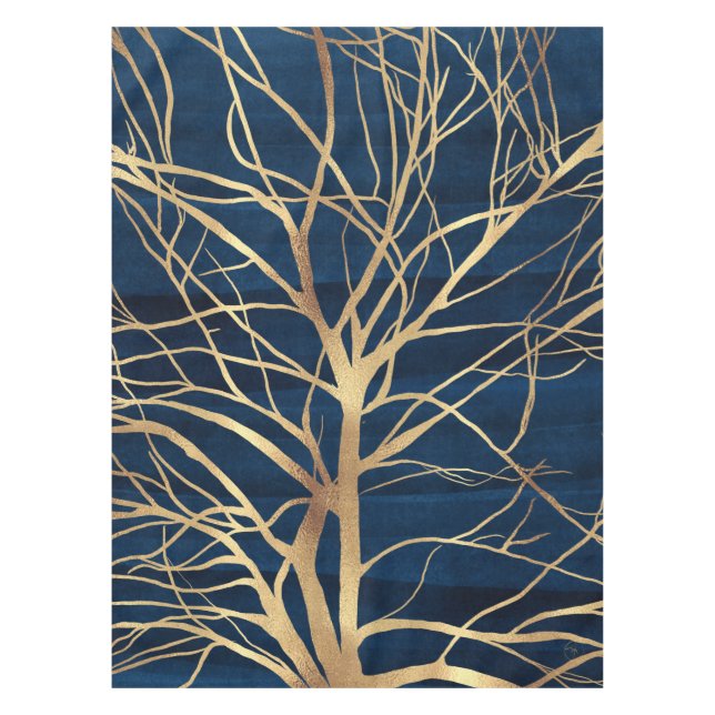 Modern Gold Tree Silhouette Minimal Blue Design Tablecloth (Front)