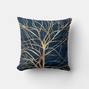 Modern Gold Tree Silhouette Minimal Blue Design Throw Pillow
