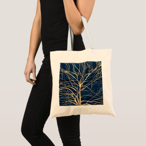 Modern Gold Tree Silhouette Minimal Blue Design Tote Bag