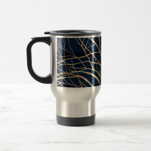 Modern Gold Tree Silhouette Minimal Blue Design Travel Mug