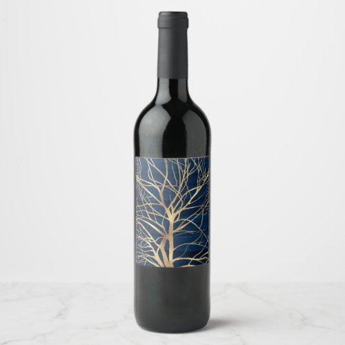 Modern Gold Tree Silhouette Minimal Blue Design Wine Label