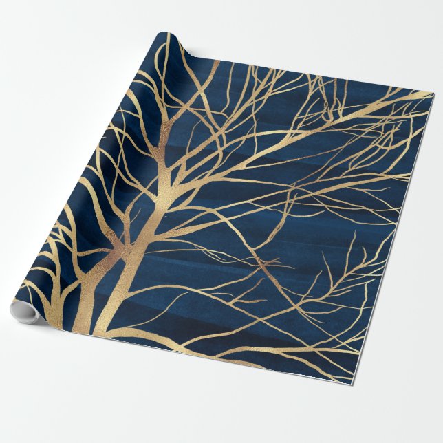 Modern Gold Tree Silhouette Minimal Blue Design Wrapping Paper (Unrolled)