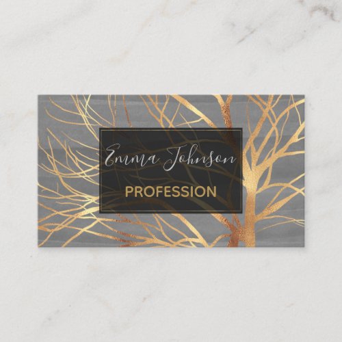 Modern Gold Tree Silhouette Minimal Gray Design Business Card