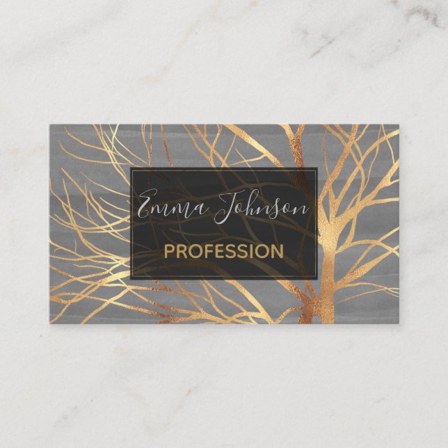 Modern Gold Tree Silhouette Minimal Gray Design Business Card (Front)