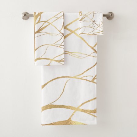 Modern Gold Tree Silhouette Minimal White Design Bath Towel Set