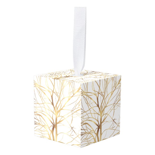 Modern Gold Tree Silhouette Minimal White Design Cube Ornament (Front Angled)
