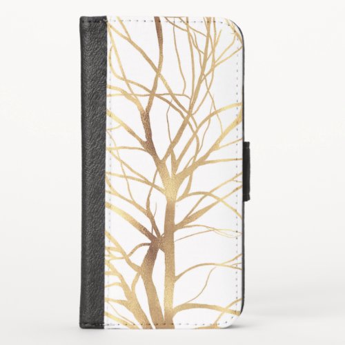 Modern Gold Tree Silhouette Minimal White Design iPhone XS Wallet Case